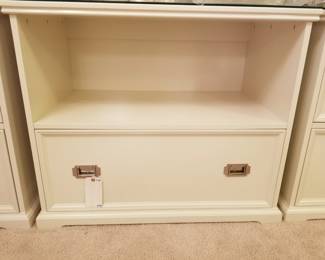 Pottery Barn office cabinet with open storage and lower file drawer. 