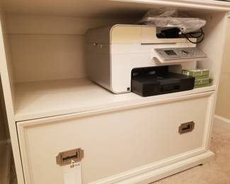 Pottery Barn office cabinet with open storage and lower file drawer. 