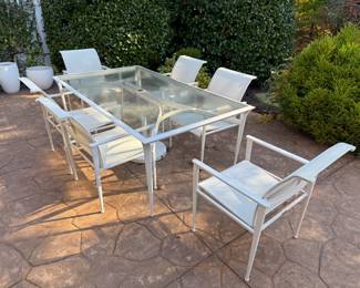 Brown Jordan Rectangular Plexiglass Top Patio Dining Table with Six Patio Armchairs