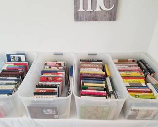 A variety of books, including cookbooks. 