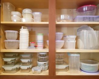 Assorted plastic storage containers. 