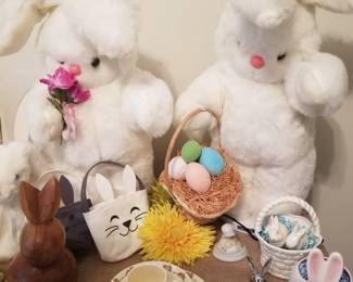 Easter decor, including mechanical bunnies. 