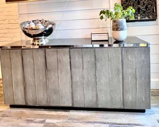 Mitchell Gold Shagreen Media Console – Textured Finish with Chrome Trim Black Mirror Top