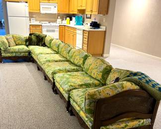 PRESALE AVAILABLE vintage wood and cane sectional with yellow & green floral upholstery - multiple pieces to fit your space - 27h x 31 or 33w x 35d