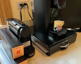Keurig coffee machines and cup storage (2) and a Nespresso machine