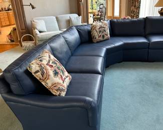 PRESALE AVAILABLE Custom blue Italian leather 3 pc sectional by Toms Price  51”w center wedge and then 93”L  from corner of wedge to end on each side along back. 