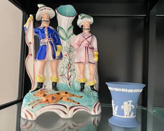 Staffordshire style spill vase with hunters and dog