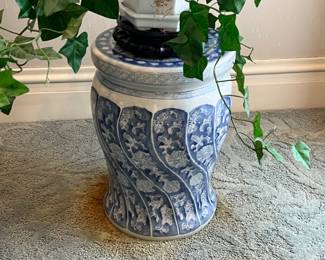 blue and white garden stool