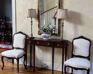 narrow mahogany hall table, 2 upholstered side chairs, and wonderful black and gilt frame mirror - 42w x 13d x 33h