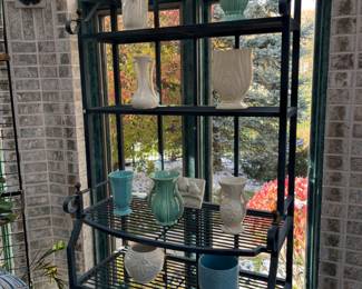 multiple bakers racks with USA & McCoy pottery - 36w x 19d x 79h