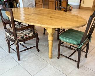 oval plank top dining / kitchen table with antique chairs - 84L x 48w x 30h