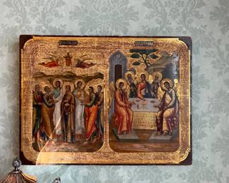 large antique double Russian icon on wood - 30w x 22h
