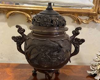 Pair bronze incense burner base lamps