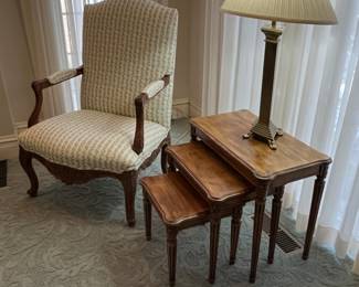 vintage wood nesting tables, upholstered arm chair - 24w x 14d x 21h