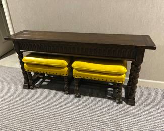 vintage console table 60w x 14d x 27h and golden yellow vintage stools 22w x 16d x 18h