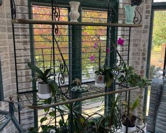 multiple bakers racks with USA & McCoy pottery - 59w x 18d x 84h