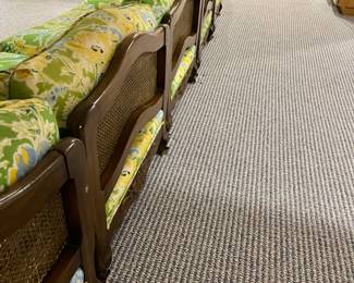 PRESALE AVAILABLE vintage wood and cane sectional with yellow & green floral upholstery - multiple pieces to fit your space - 27h x 31 or 33w x 35d