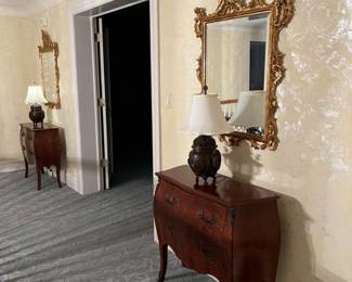 pair of small bombe chests- 32w x 12d x 31h, gilt mirrors- 28w x 39h, and metal lamps 