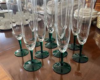 Champagne flutes with green glass stems - happy holidays!