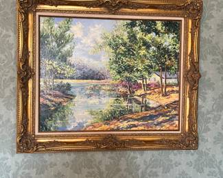 Landscape painting with river by Sue Beeren, 1990 - 37w x 31h