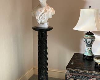 antique carved marble pedestal and female bust - column is 42h x 12d - bust is 22h