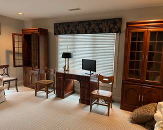 Vintage bookcases, desk, chairs, brass lamps