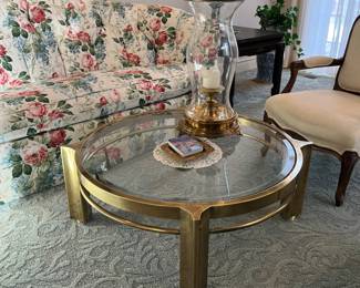 vintage brass and glass round cocktail table - 42w x 18h
