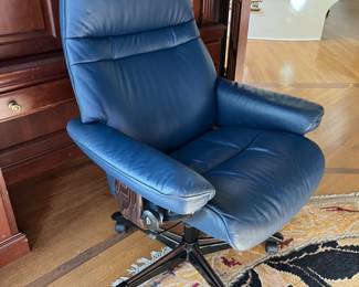 PRESALE AVAILABLE Stressless blue leather office chair - two available - pristine condition 47h x 30w x 31d