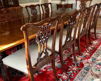 PRESALE AVAILABLE Baker Furniture Collector's Edition banded mahogany double pedestal table with 10 carved Baker chairs - table as shown with (3) 18" leaves is 124" L x 46"W