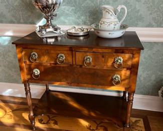 antique small sideboard with silver coffee urn and Limoges wash basin and pitcher - 37w x 20d x 34h