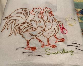 Set of 7 Rooster & Chicken embroidered kitchen tea towels