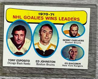 Tony Esposito, Ed Johnston, Gerry Cheevers, Ed Giacomin, 1970-1971 NHL Goalies Wins leaders.  Chicago Black Hawks, Boston Bruins, New York Rangers
