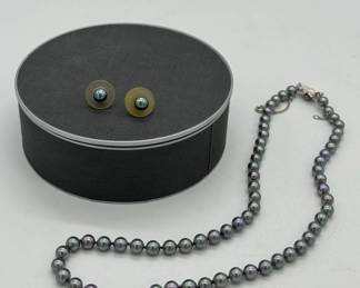 Majorica gray pearl necklace and 14K matching earrings.