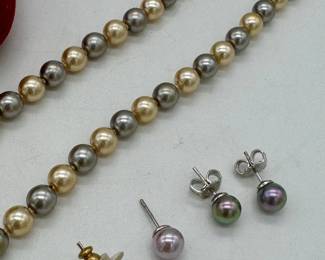 Majorica 2 toned pearl necklace and earrings.