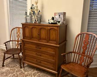 White Furniture Chest & a pair of antique chairs