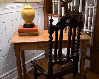 Irish pine desk with one drawer - antique chair with cane seat