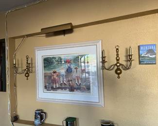 FRAMED PRINT, STEINS, WALL SCONCES