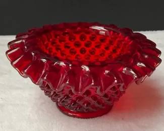 Vintage Ruby Red Hobnail Ruffled Bowl