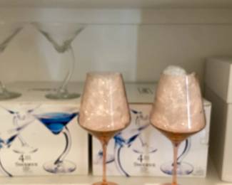 Two Boxes Of Libby Swerve Martini Glasses And Box Of Two Pink Estelle Wine Glasses