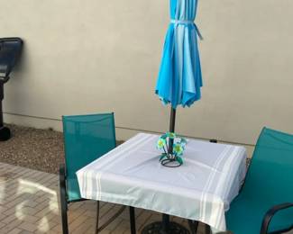 Nice Patio Table, Umbrella And Chair Set