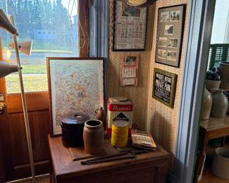 Front Room 
Tool chest
Bordens lg malted milk tin
Whites covered crock
Local ephemera framed (Earlville & Unadilla)