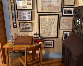 Front Room
Library table
Lap desk
Kerosene lamps
Local ephemera framed
