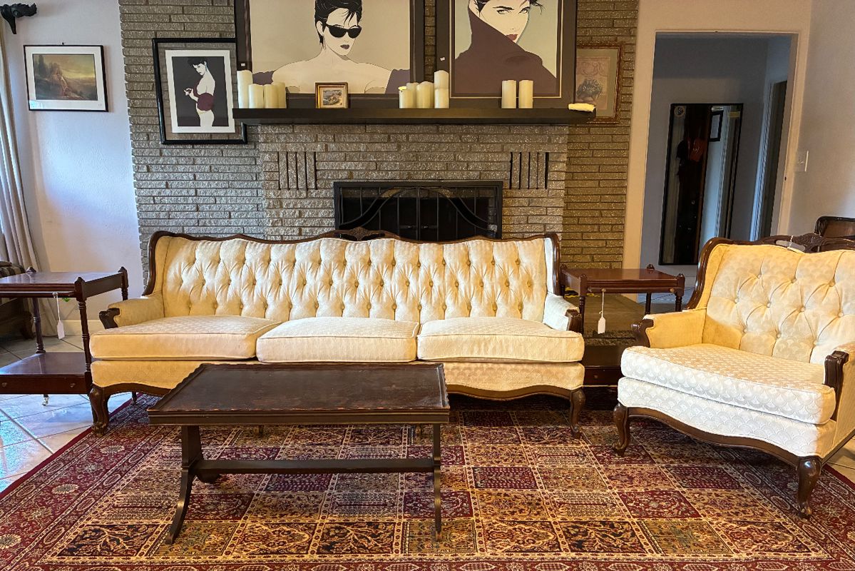 Sofa chair and tables and coffee table sold a set or individual pieces