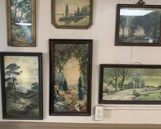 Religious prints, over 35 folding chairs