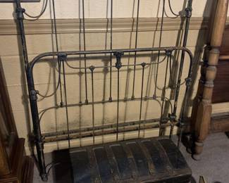 Antique metal bed frame,  small arched top trunk, 