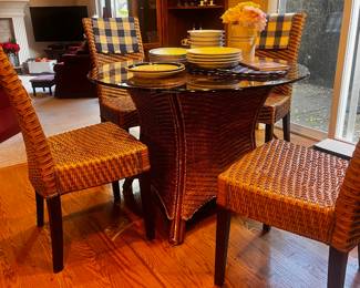 Round Glass top Dining Table with Wicker Base & 4 Wicker Dining Chairs