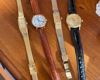 Deauville Gold Tone Ladies Wrist Watch, Timex Brown Leather Band Ladies Wrist Watch, 1980s Seiko Silver Tone Ladies Wrist Watch, Futura Black Leather Band Ladies Wrist Watch