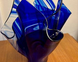 MKG Signed Blue Art Glass Handkerchief Vase