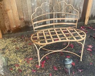 Beige Painted Wrought Iron Bench