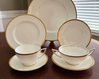 Golden Heritage by Minton
12 Dinner plates
12 Salad plates
12 Bread and butter plates
13 Footed cups
13 Cup saucers
12 Cream soup bowls
12 cream soup bowl saucers - Asking $399 - Will consider offers.